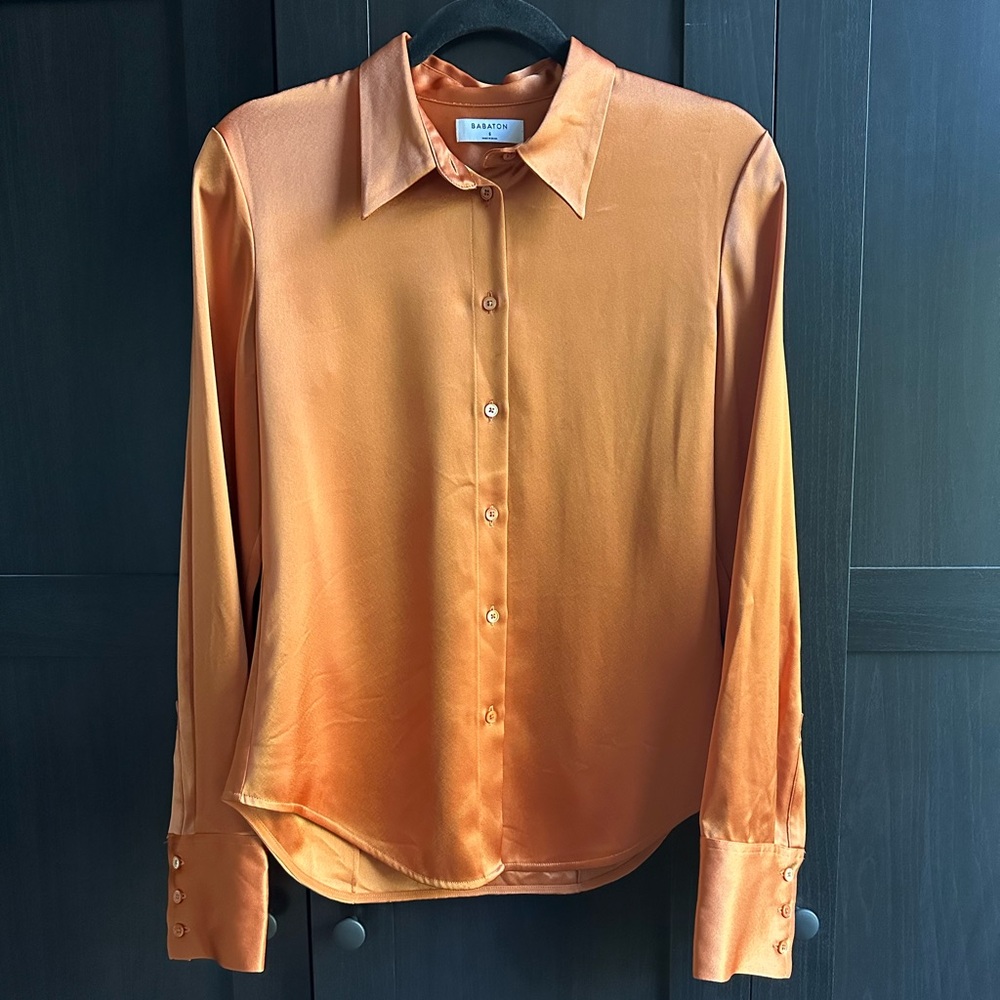 Aritzia Babaton orange long sleeve satin button up